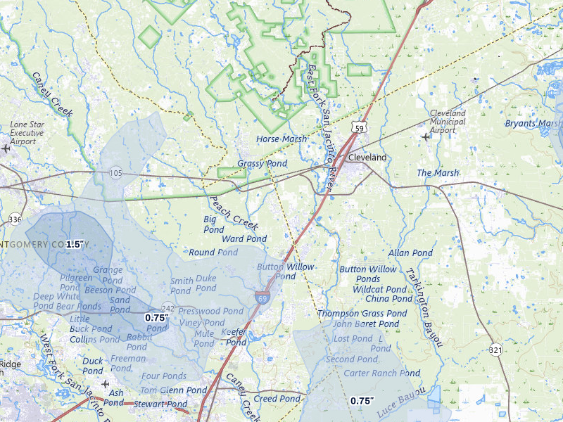 NEXRAD radar-signature map of the hail storm over Cleveland, TX on May 10, 2026