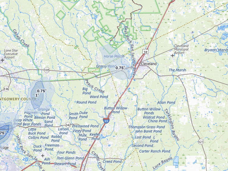 NEXRAD radar-signature map of the hail over Cleveland, TX