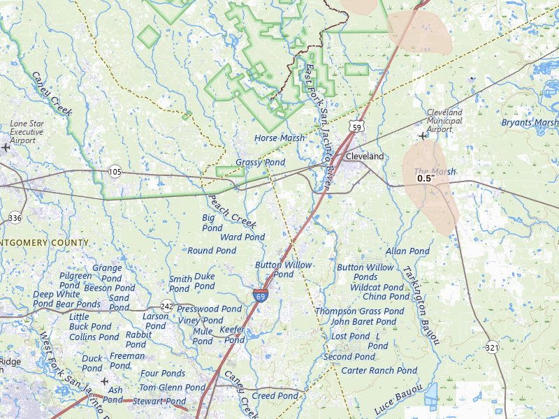 Radar-estimated hail-size map of the storm over Cleveland, TX on Jul 7, 2026