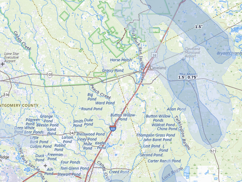 NEXRAD radar-signature map of the hail storm over Cleveland, TX on Jul 7, 2026