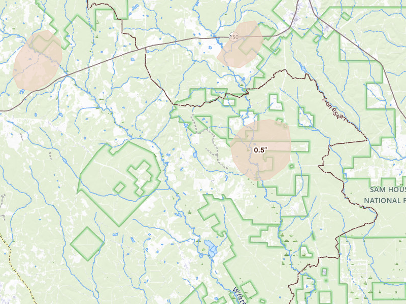 Radar-estimated hail-size map of the storm over Cleveland, TX on Aug 22, 2026
