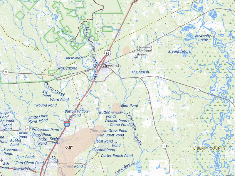 Radar-estimated hail-size map of the storm over Cleveland, TX on Aug 28, 2026