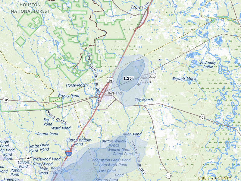 NEXRAD radar-signature map of the hail storm over Cleveland, TX on Aug 28, 2026