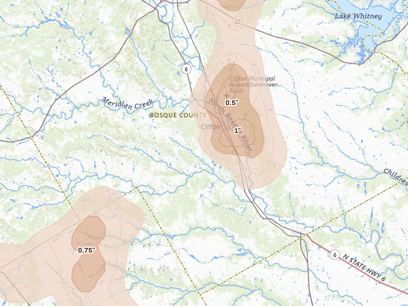 Radar-estimated hail-size map of the storm over Clifton, TX on May 19, 2026