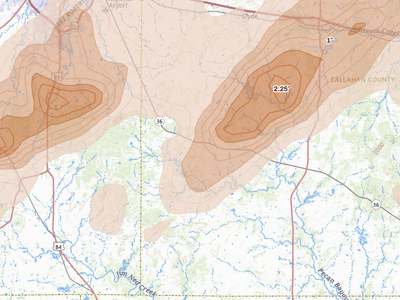 Radar-estimated hail-size map of the storm over Clyde, TX on Mar 10, 2026