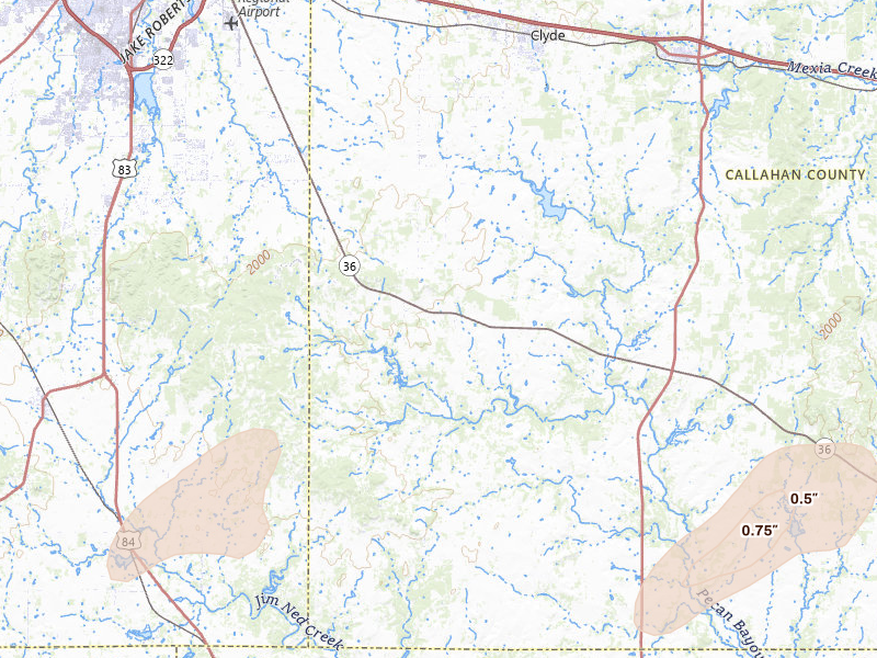 Radar-estimated hail-size map of the storm over Clyde, TX on Apr 17, 2026