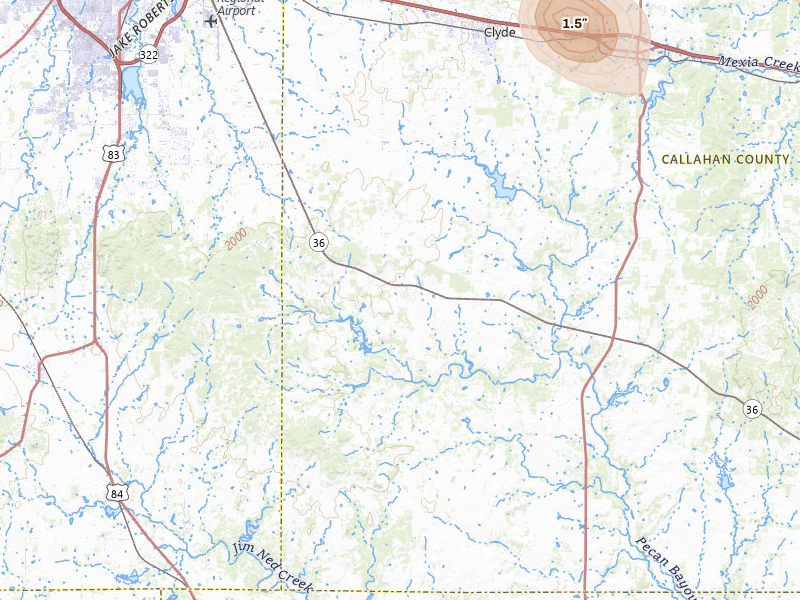 Radar-estimated hail-size map of the storm over Clyde, TX on May 28, 2026