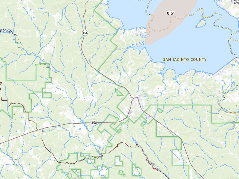 Radar-estimated hail-size map of the storm over Coldspring, TX on Mar 7, 2026
