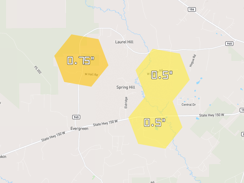 Hail map of Coldspring, TX on Jul 6, 2026, hail up to 0.75"