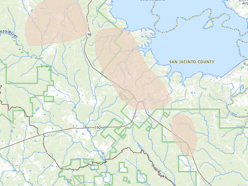 Radar-estimated hail-size map of the storm over Coldspring, TX on Jul 7, 2026