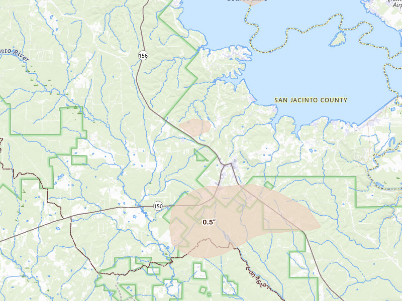 Radar-estimated hail-size map of the storm over Coldspring, TX on Sep 2, 2026