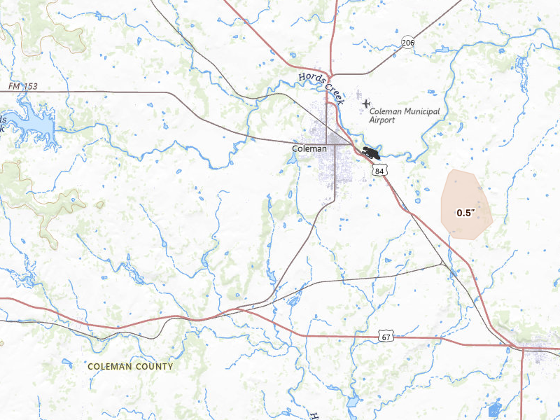 Radar-estimated hail-size map of the storm over Coleman, TX on Mar 10, 2026