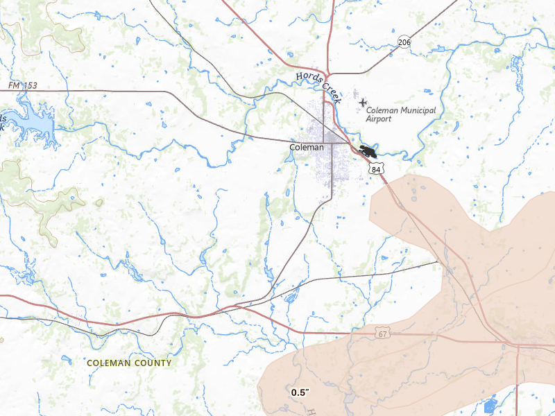 Radar-estimated hail-size map of the storm over Coleman, TX on Jun 2, 2026
