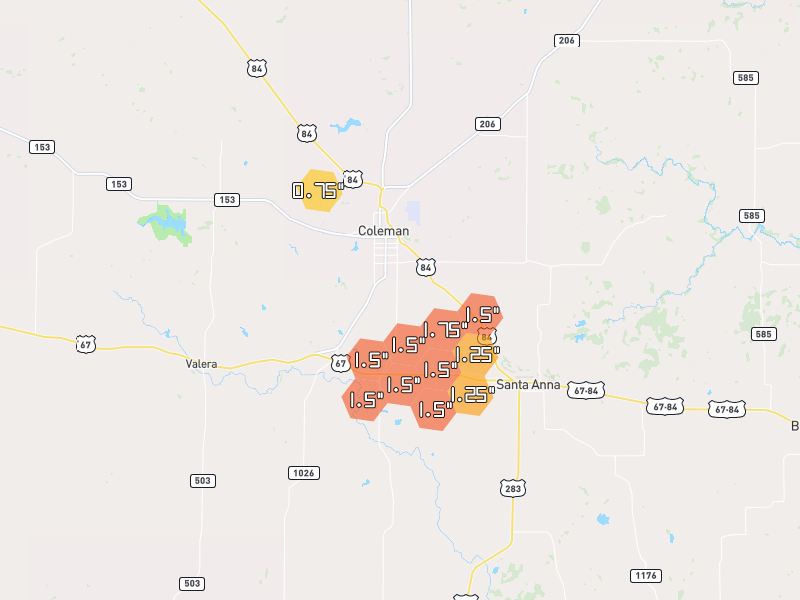 Hail map of Coleman, TX on Jun 3, 2026, hail up to 1.75"