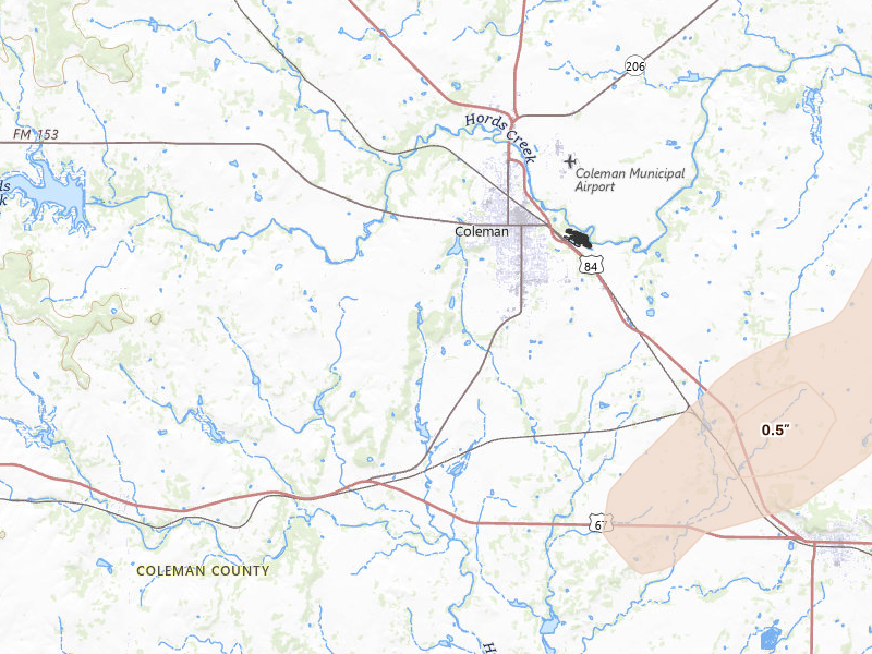 Radar-estimated hail-size map of the storm over Coleman, TX on Jun 6, 2026