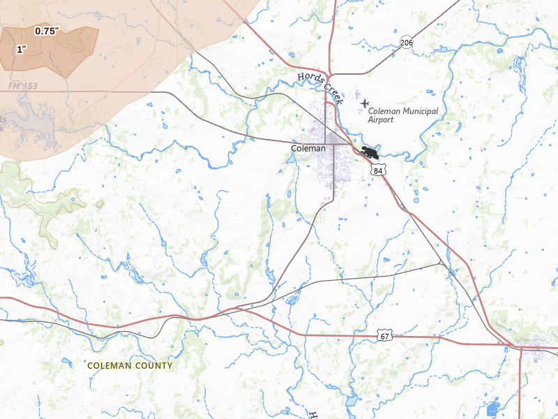 Radar-estimated hail-size map of the storm over Coleman, TX on Jun 18, 2026