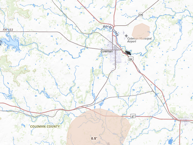 Radar-estimated hail-size map of the storm over Coleman, TX on Jun 19, 2026