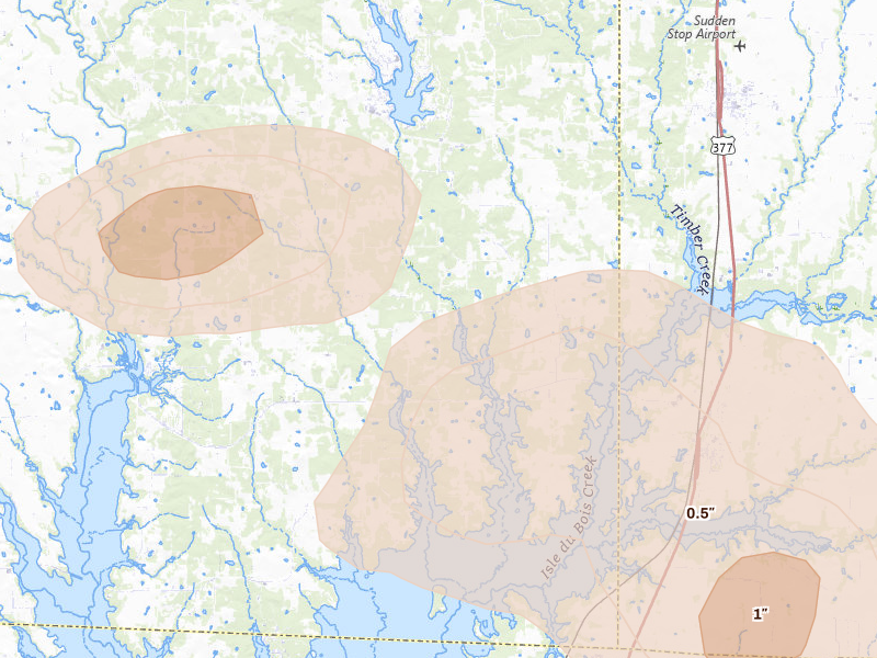 Radar-estimated hail-size map of the storm over Collinsville, TX on May 9, 2026