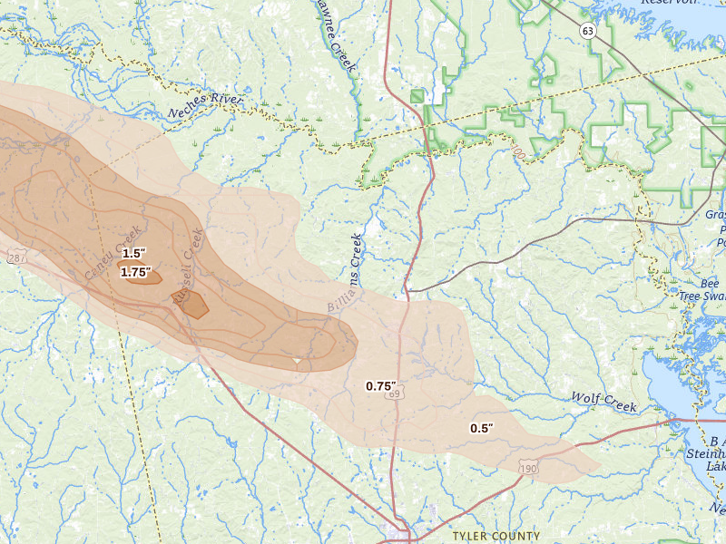 Radar-estimated hail-size map of the storm over Colmesneil, TX on Mar 15, 2026