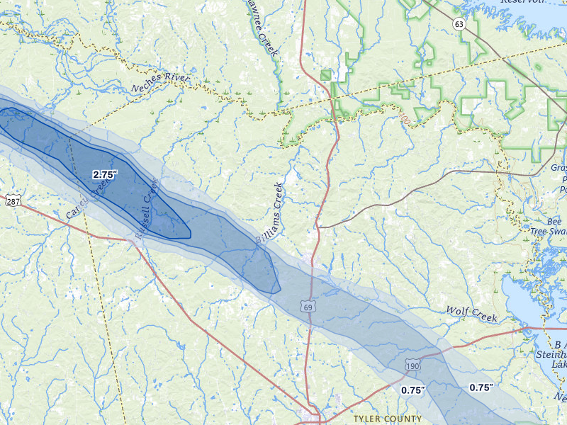 NEXRAD radar-signature map of the hail over Colmesneil, TX