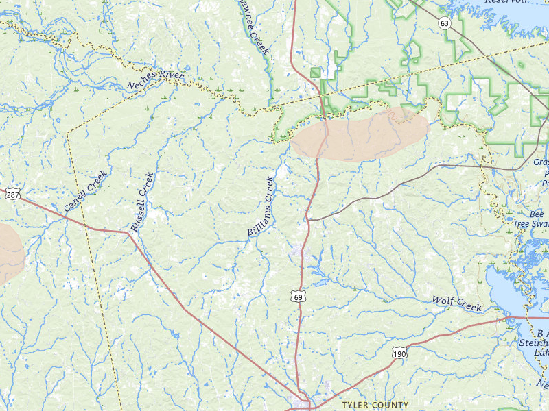 Radar-estimated hail-size map of the storm over Colmesneil, TX on May 8, 2026