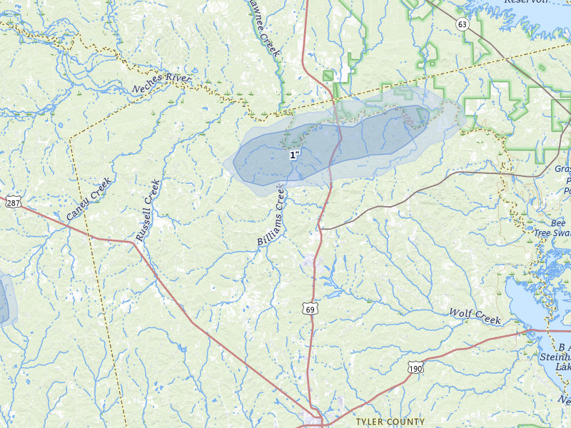 NEXRAD radar-signature map of the hail storm over Colmesneil, TX on May 8, 2026