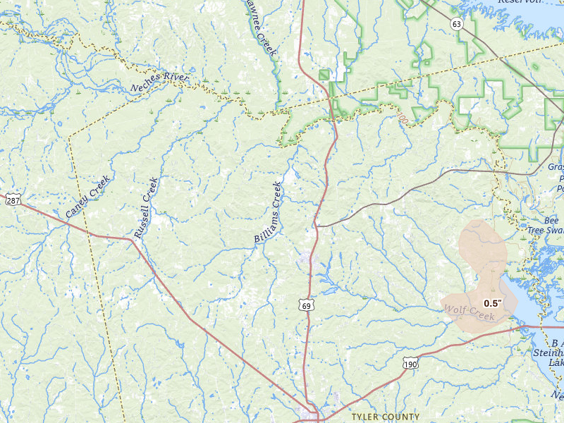 Radar-estimated hail-size map of the storm over Colmesneil, TX on May 9, 2026