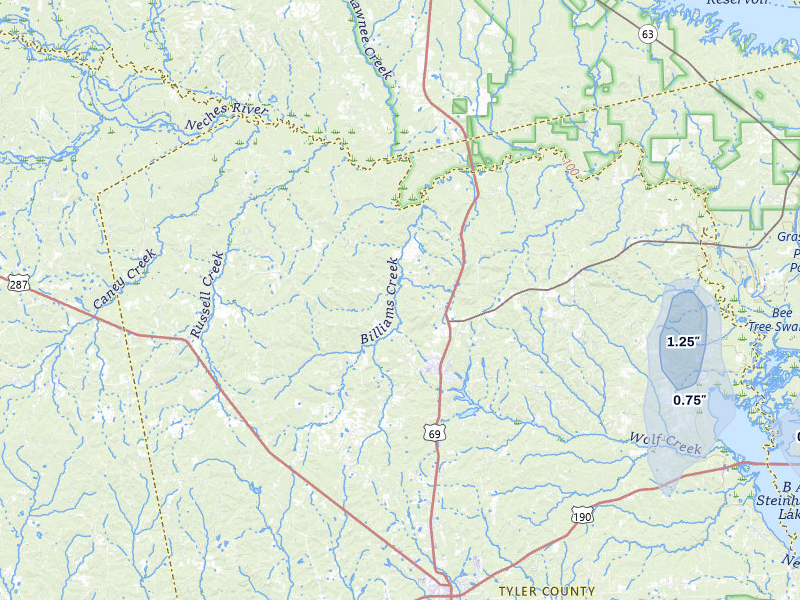 NEXRAD radar-signature map of the hail over Colmesneil, TX