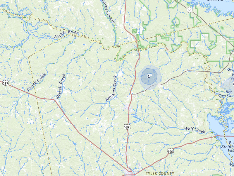 NEXRAD radar-signature map of the hail storm over Colmesneil, TX on Jul 7, 2026