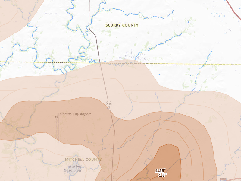 Radar-estimated hail-size map of the storm over Colorado City, TX on May 10, 2026