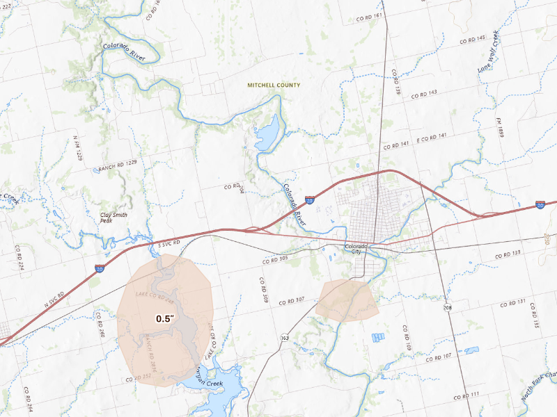 Radar-estimated hail-size map of the storm over Colorado City, TX on Sep 21, 2026