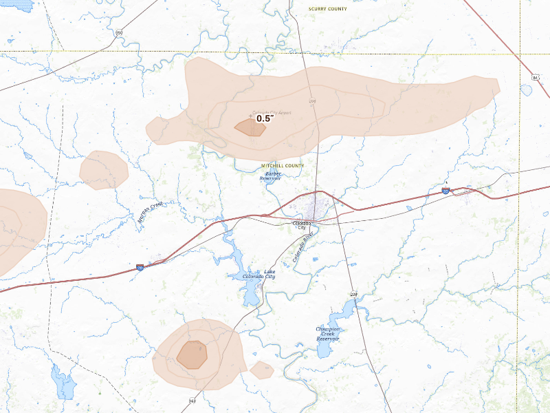 Radar-estimated hail-size map of the storm over Colorado City, TX on Sep 26, 2026