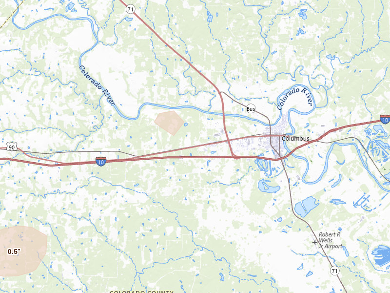 Radar-estimated hail-size map of the storm over Columbus, TX on Aug 9, 2026