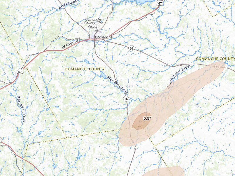 Radar-estimated hail-size map of the storm over Comanche, TX on Mar 4, 2026
