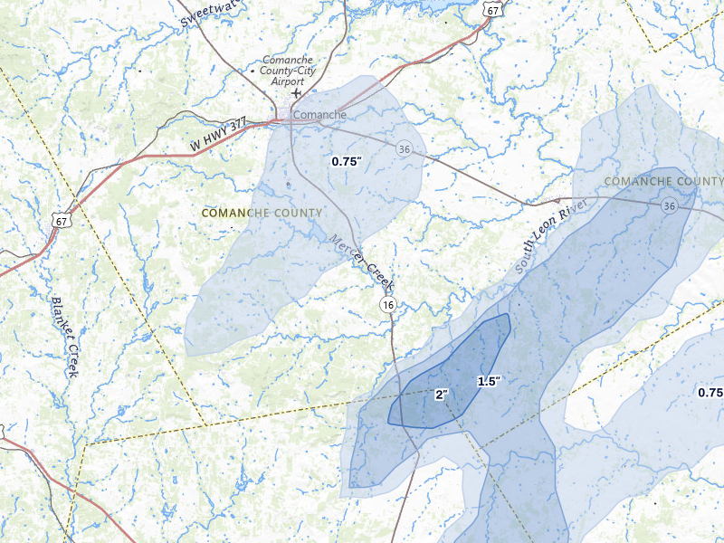 NEXRAD radar-signature map of the hail storm over Comanche, TX on Mar 4, 2026