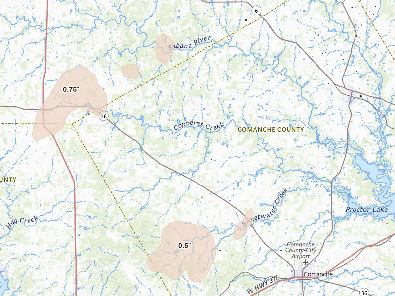 Radar-estimated hail-size map of the storm over Comanche, TX on Mar 7, 2026