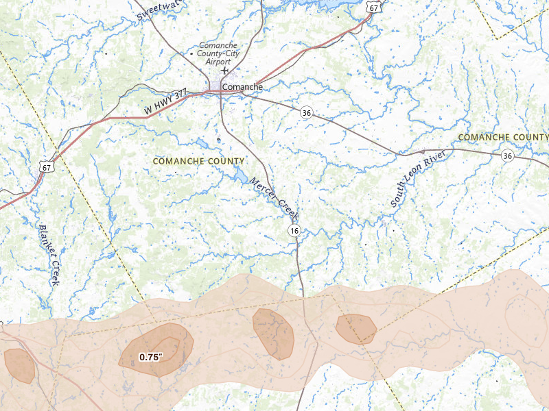 Radar-estimated hail-size map of the storm over Comanche, TX on Apr 18, 2026