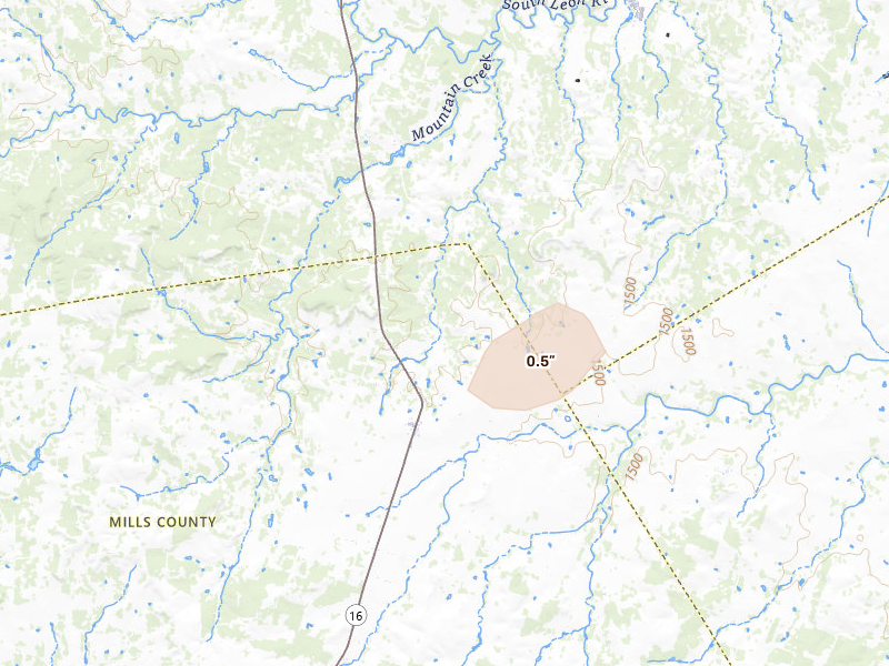 Radar-estimated hail-size map of the storm over Comanche, TX on Apr 27, 2026