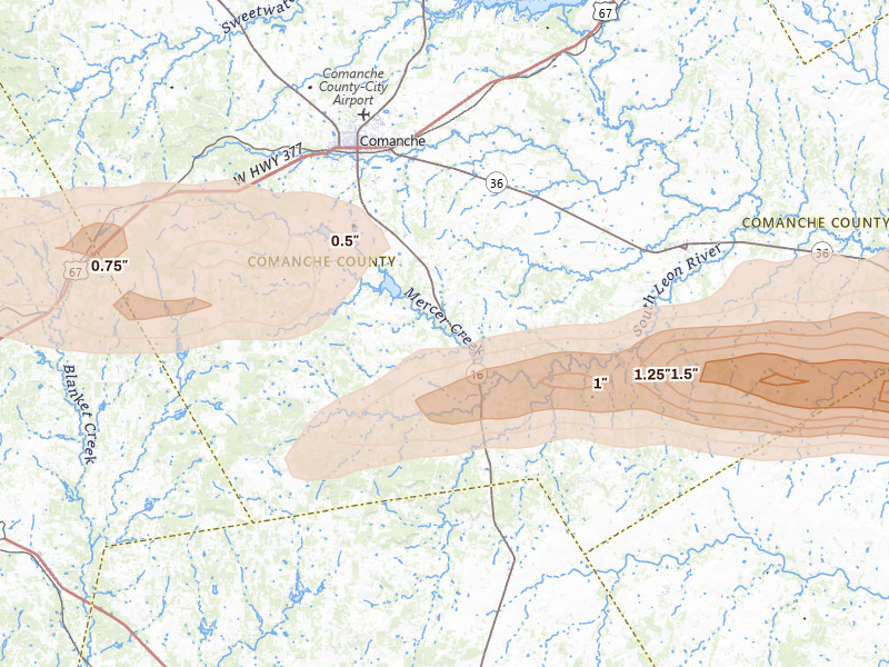 Radar-estimated hail-size map of the storm over Comanche, TX on Apr 29, 2026