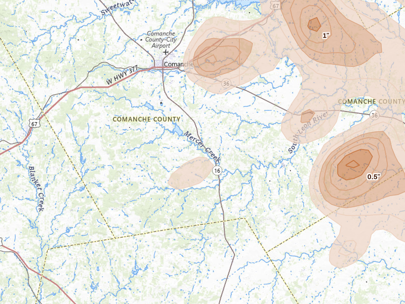 Radar-estimated hail-size map of the storm over Comanche, TX on May 10, 2026