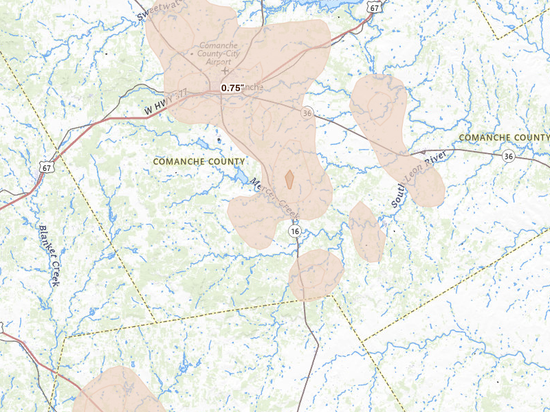 Radar-estimated hail-size map of the storm over Comanche, TX on May 24, 2026