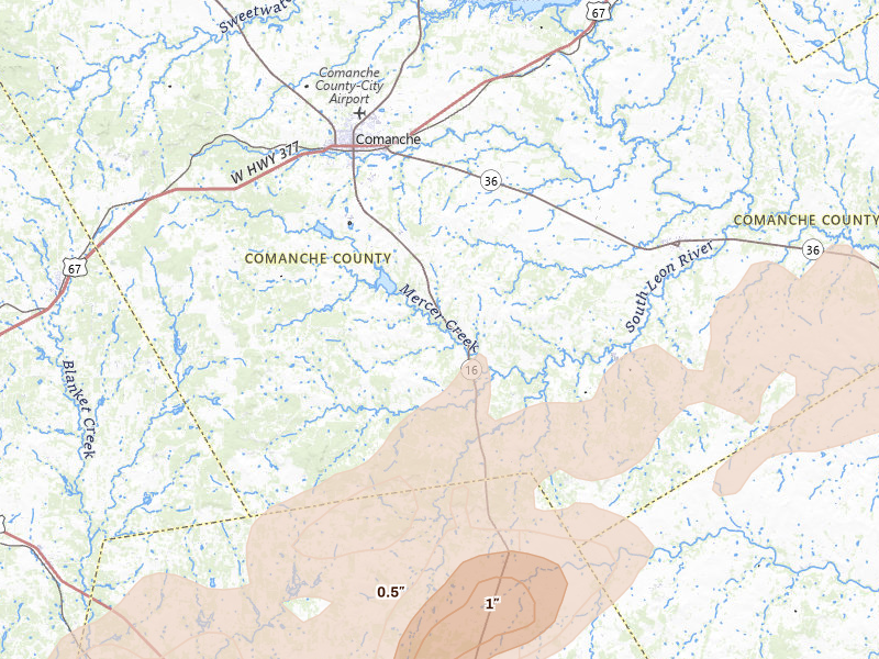 Radar-estimated hail-size map of the storm over Comanche, TX on Jun 6, 2026