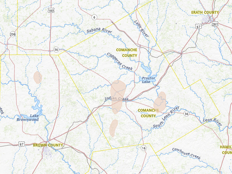 Radar-estimated hail-size map of the storm over Comanche, TX on Jun 19, 2026