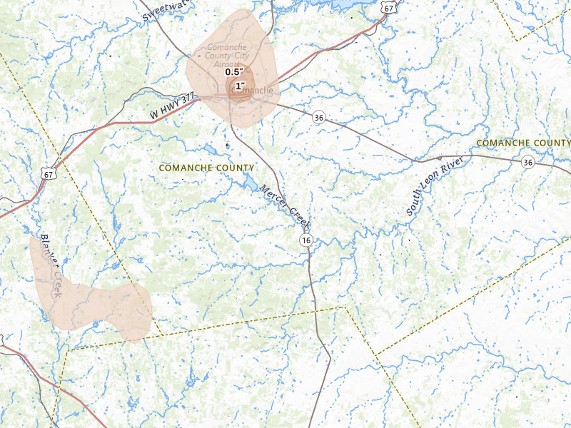 Radar-estimated hail-size map of the storm over Comanche, TX on Jul 5, 2026
