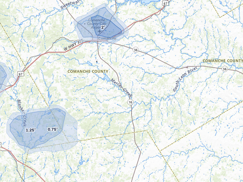 NEXRAD radar-signature map of the hail storm over Comanche, TX on Jul 5, 2026