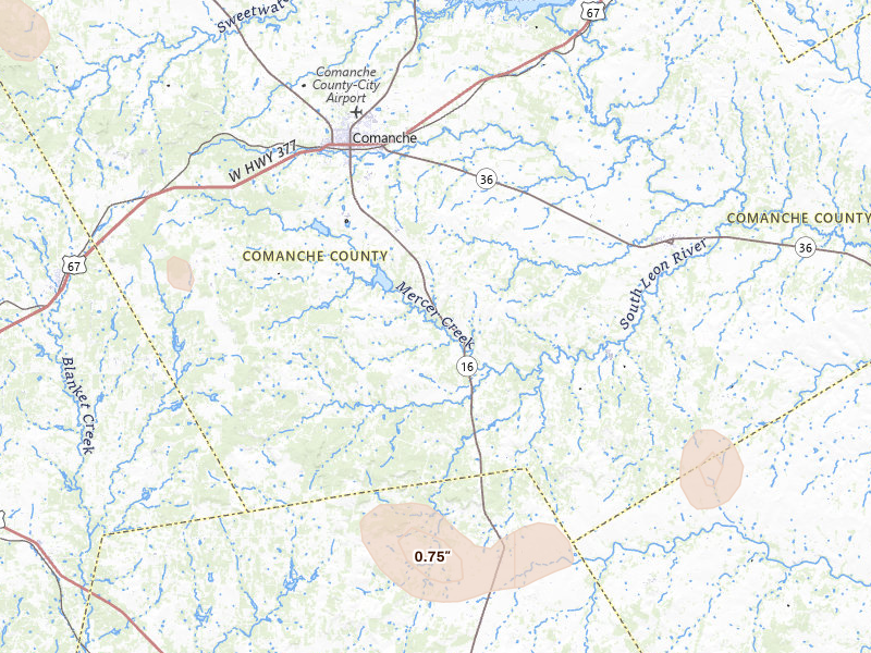 Radar-estimated hail-size map of the storm over Comanche, TX on Jul 6, 2026