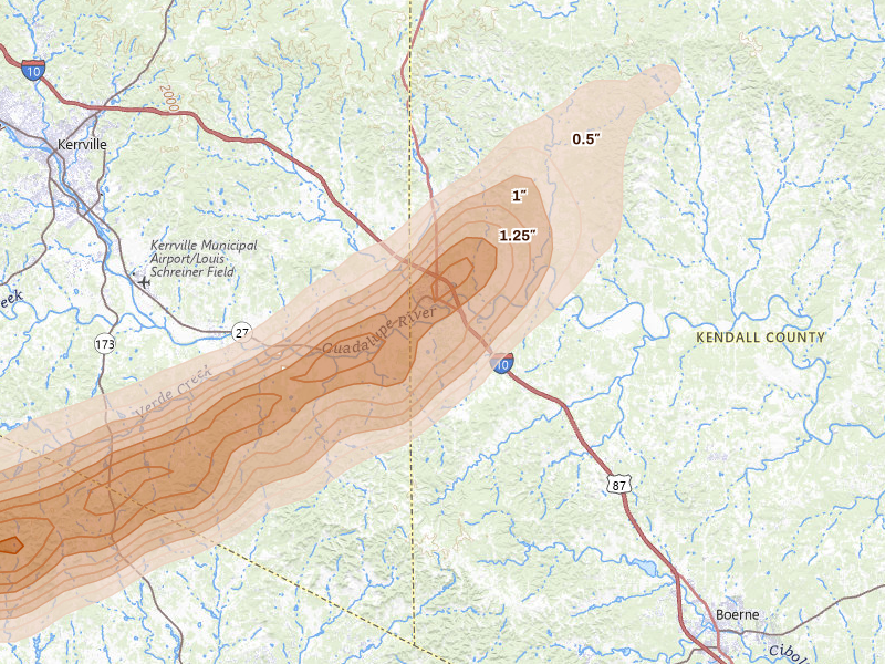 Radar-estimated hail-size map of the storm over Comfort, TX on Mar 10, 2026