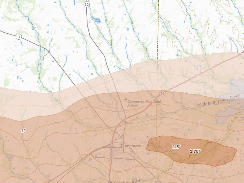 Radar-estimated hail-size map of the storm over Commerce, TX on Apr 27, 2026
