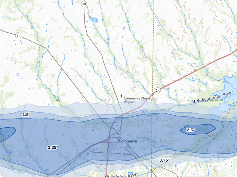 NEXRAD radar-signature map of the hail over Commerce, TX