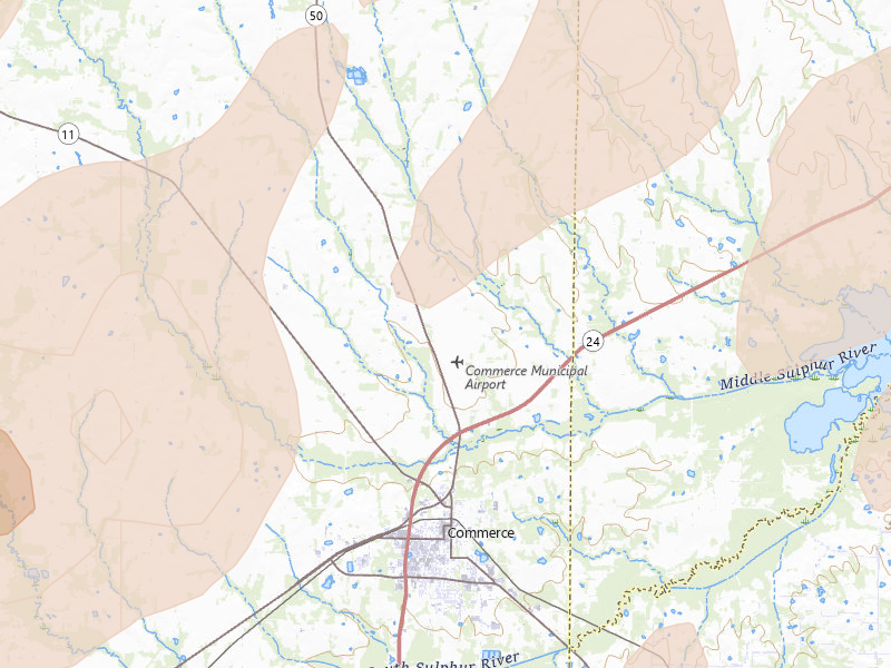 Radar-estimated hail-size map of the storm over Commerce, TX on May 22, 2026